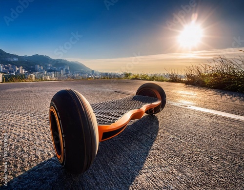 high tech electric skateboard with sleek design showcasing large wheels and intricate detailing for a thrilling and stylish ride photo