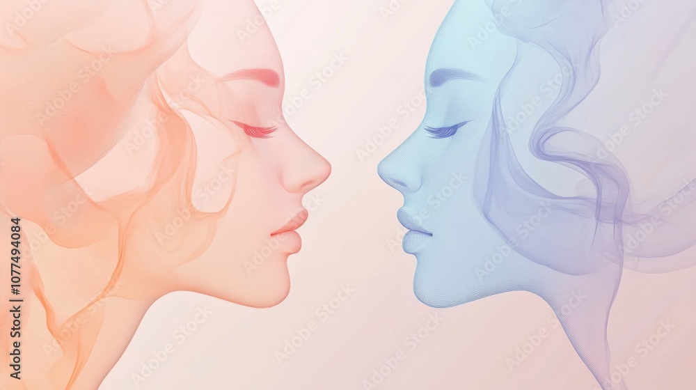 Two abstract faces in soft pastel tones embody the essence of communication and empathy, creating a serene connection between them. Generative AI Two abstract faces in soft pastel tones embody the essence of communication and empathy, creating a serene connection between them. Generative AI