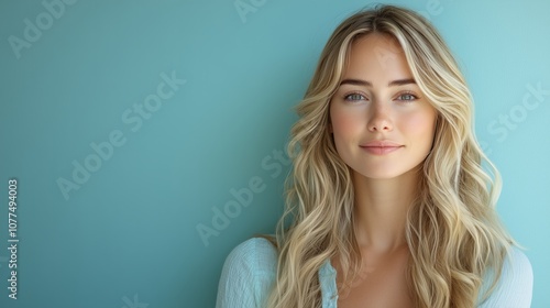 beautiful blonde woman with long hair, smiling and looking at the camera against a light blue background