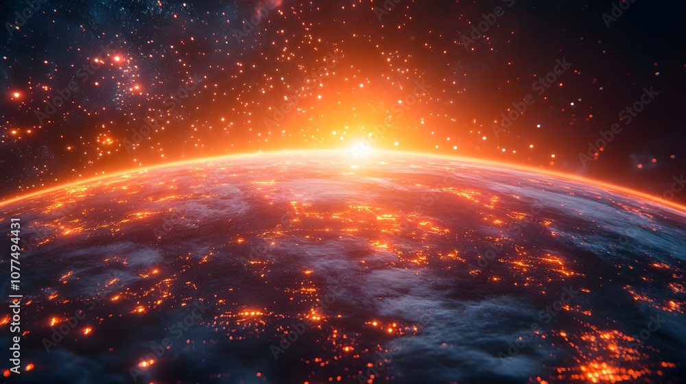 A vibrant view of a planet's horizon illuminated by a glowing sunrise. A vibrant view of a planet's horizon illuminated by a glowing sunrise.