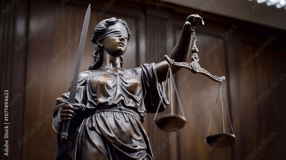 Close-up of a blindfolded statue representing impartial justice, with a dark, dramatic background emphasizing the concept of unbiased fairness Close-up of a blindfolded statue representing impartial justice, with a dark, dramatic background emphasizing the concept of unbiased fairness