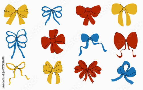 A collection of hand-drawn ribbon bows. Red, yellow and blue bows for Christmas gifts, gift cards and luxury packaging, isolated on white background

