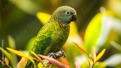 A parrot perched on a colorful branch in a lush jungle showing its bright feathers and curious expression.