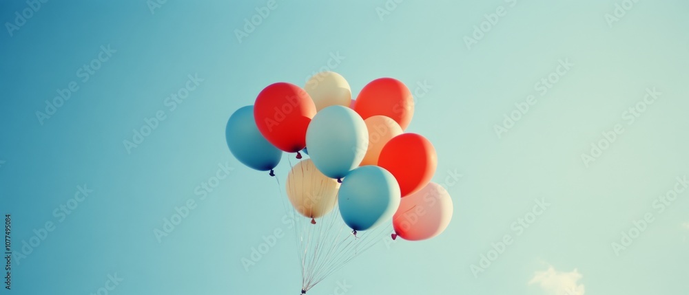 A vibrant cluster of colorful balloons against a clear blue sky evokes a sense of freedom and childlike joy. A vibrant cluster of colorful balloons against a clear blue sky evokes a sense of freedom and childlike joy.