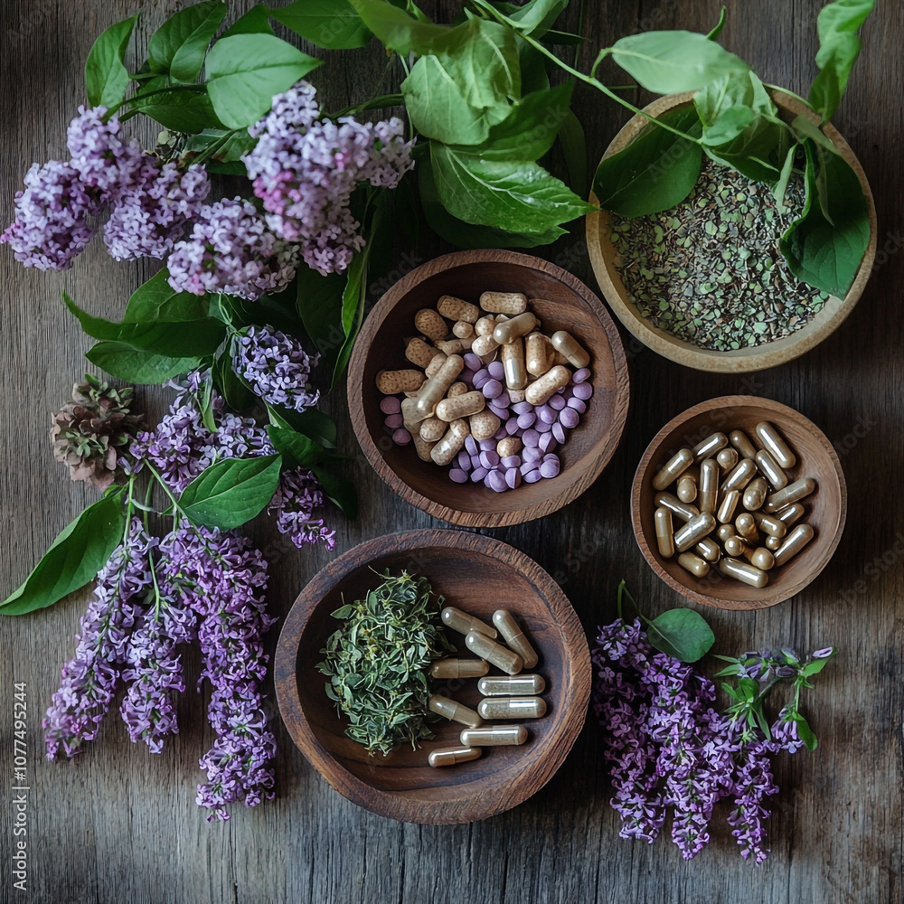 Herbal Supplements and Flowers on Rustic Wooden Background Natural Health Alternative M Herbal Supplements and Flowers on Rustic Wooden Background Natural Health Alternative M