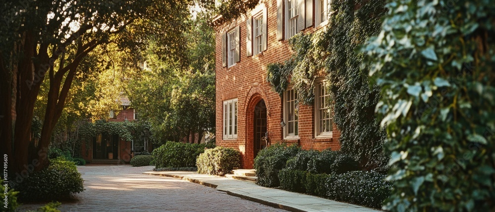 A sunlit brick house with ivy-covered walls exudes charm and warmth in a tranquil, leafy neighborhood. A sunlit brick house with ivy-covered walls exudes charm and warmth in a tranquil, leafy neighborhood.