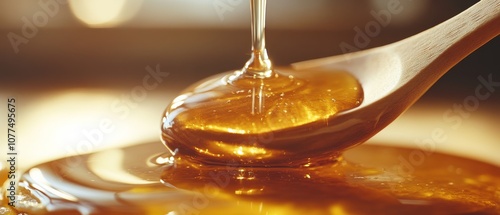 A rich stream of honey flows slowly from a spoon, catching the soft golden hues of ambient light.