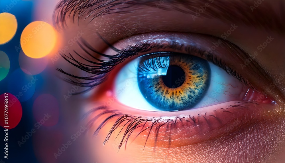 Obraz premium Close up of eye surrounded by neon bright lights subtle bokeh and light sparking