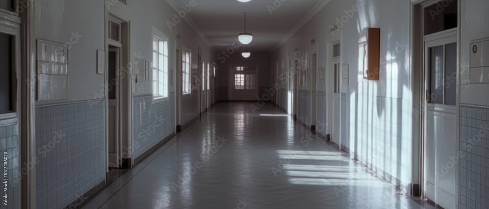 An empty, sunlit corridor with closed doors, offering a sense of mystery and anticipation within a serene setting. An empty, sunlit corridor with closed doors, offering a sense of mystery and anticipation within a serene setting.