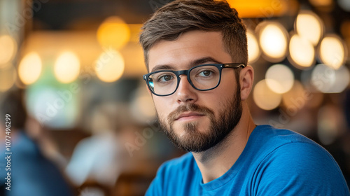 Young Man with Beard and Glasses Looking at Camera in Cafe