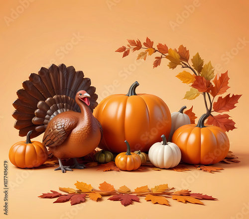 Thanksgiving background with turkey and pumpkins photo