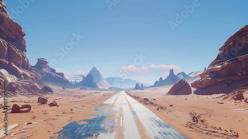 a long, straight road stretching through a vast arid landscape, flanked by rocky formations and desert terrain