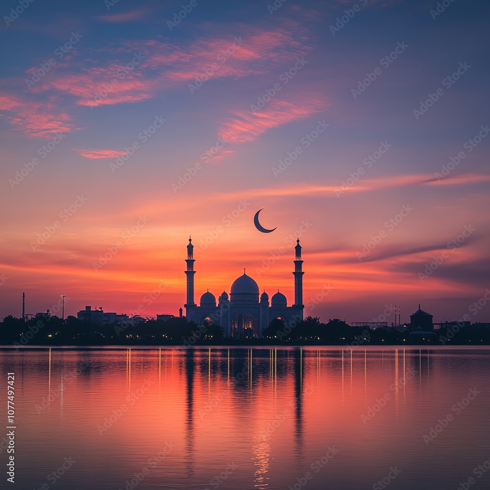 Naklejka premium Mosque and crescent moon, serene sunset, orange-pink sky, silhouette against twilight