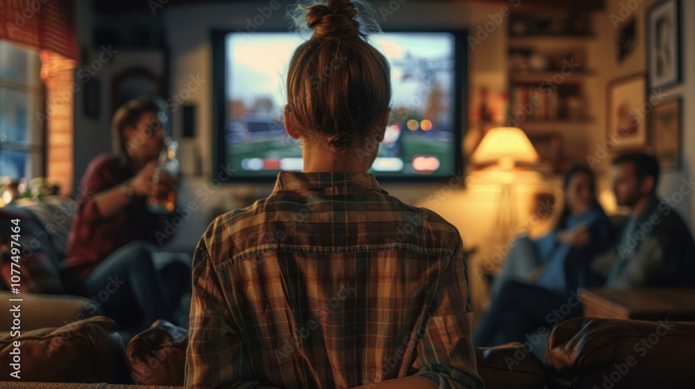 Young woman watching tv at home in the evening, back view. Young woman watching tv at home in the evening, back view.