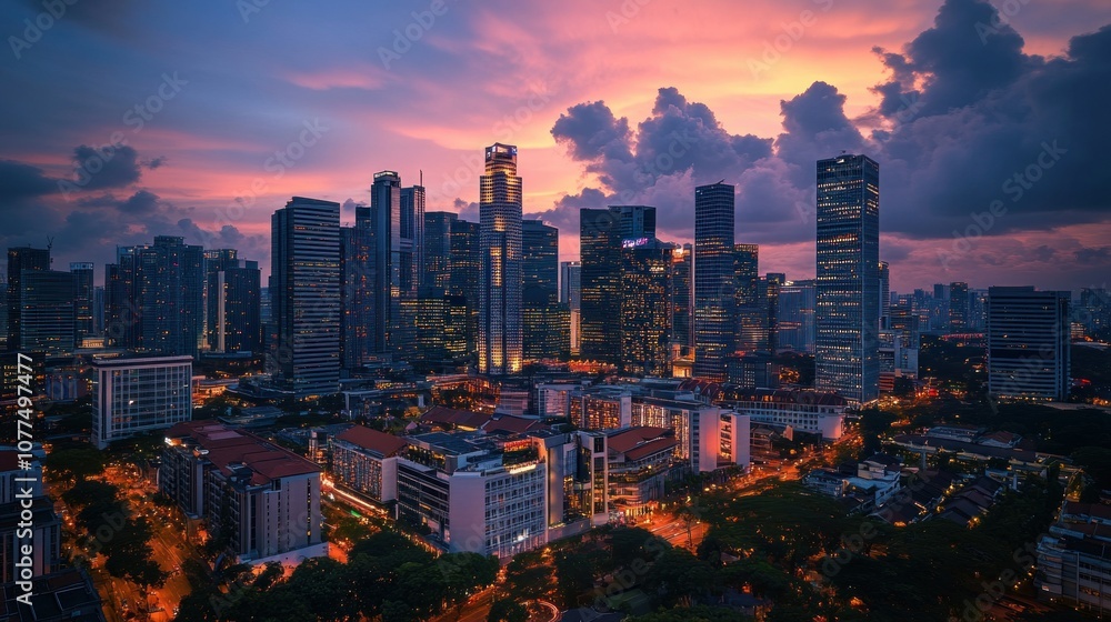 Obraz premium Illuminated Skyscrapers Against a Vibrant Sunset Sky