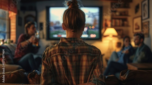 Young woman watching tv at home in the evening, back view.