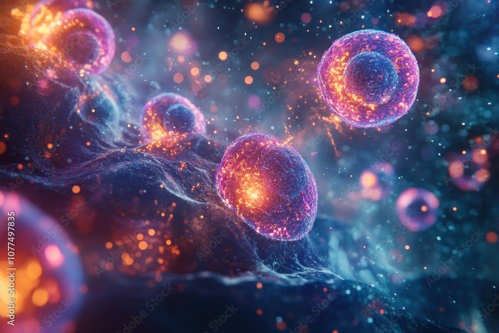 Abstract 3D rendering of glowing cells with particles on a dark background. Abstract 3D rendering of glowing cells with particles on a dark background.