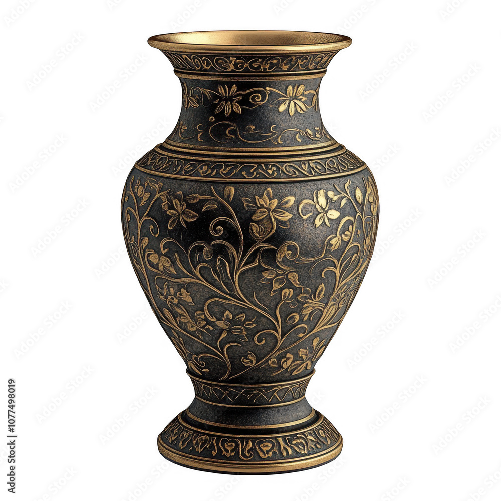 Ornate and Intricate Golden Floral Vase on a White Background Ornate and Intricate Golden Floral Vase on a White Background