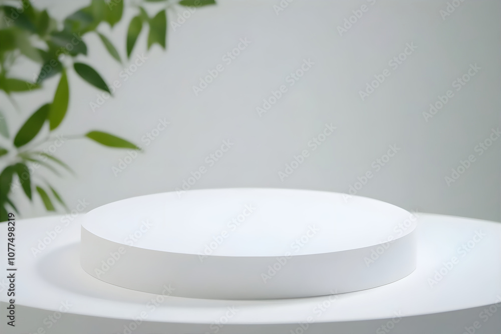 Empty white podium for product presentation with a . branch with leaves. White background. Cylinder pedestal. Ultra minimalistic background. Podium for product display. Stage for package. Empty white podium for product presentation with a . branch with leaves. White background. Cylinder pedestal. Ultra minimalistic background. Podium for product display. Stage for package.