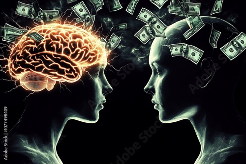 Monetary Mind Conceptual Illustration of Brain Activity and Money Flow
