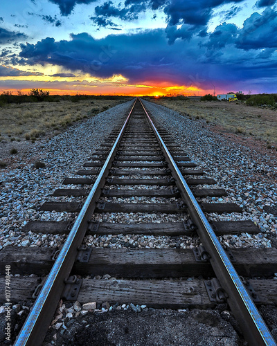 Railroad tracks in a straight line from East to West. The railroad was key to building many communities in this country. photo