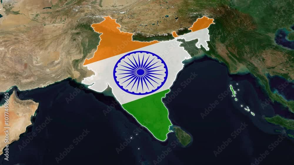 Indian Flag Appears in India Country Borders on Realistic Map Animation Outline | High Resolution
