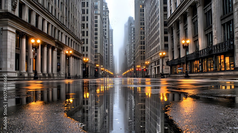 Obraz premium Empty city street with reflections in puddles after rain.