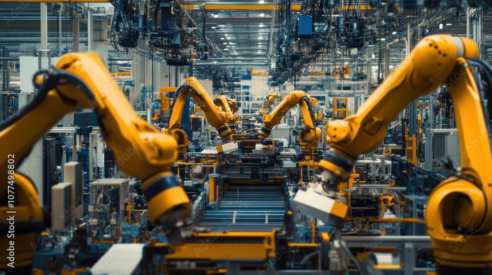 Industrial Robot Arms Working on an Assembly Line in a Factory Industrial Robot Arms Working on an Assembly Line in a Factory