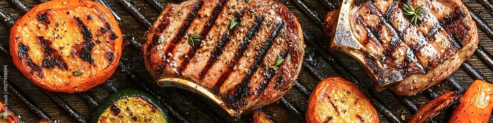 Grilled steaks and vegetables with herbs on grill Grilled steaks and vegetables with herbs on grill