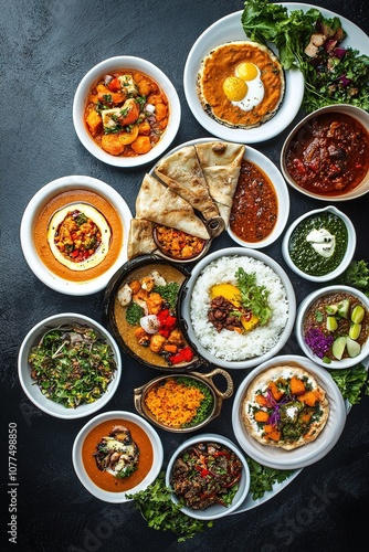 Assorted Middle Eastern dishes on dark surface