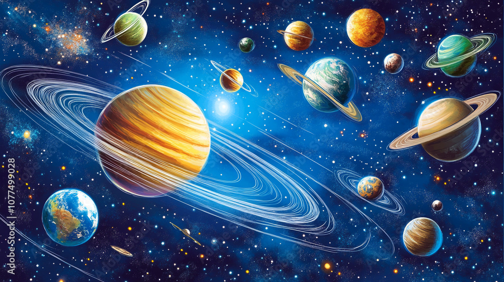 Naklejka premium Colorful Planets and Stars in Space Celestial Art Illustration