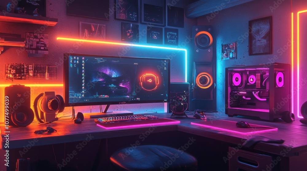 A modern gaming setup with a computer, keyboard, mouse, headset, and speakers, all illuminated with colorful neon lights. A modern gaming setup with a computer, keyboard, mouse, headset, and speakers, all illuminated with colorful neon lights.