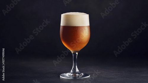 A beer in a glass, topped with a creamy head, against a dark backdrop.