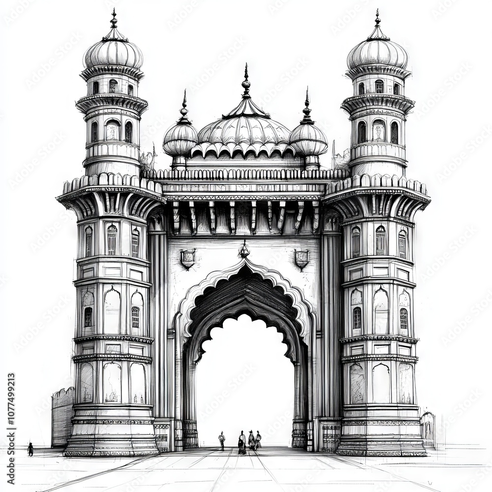 Fototapeta premium Hand drawn Hyderabad charminar on white background sketch 