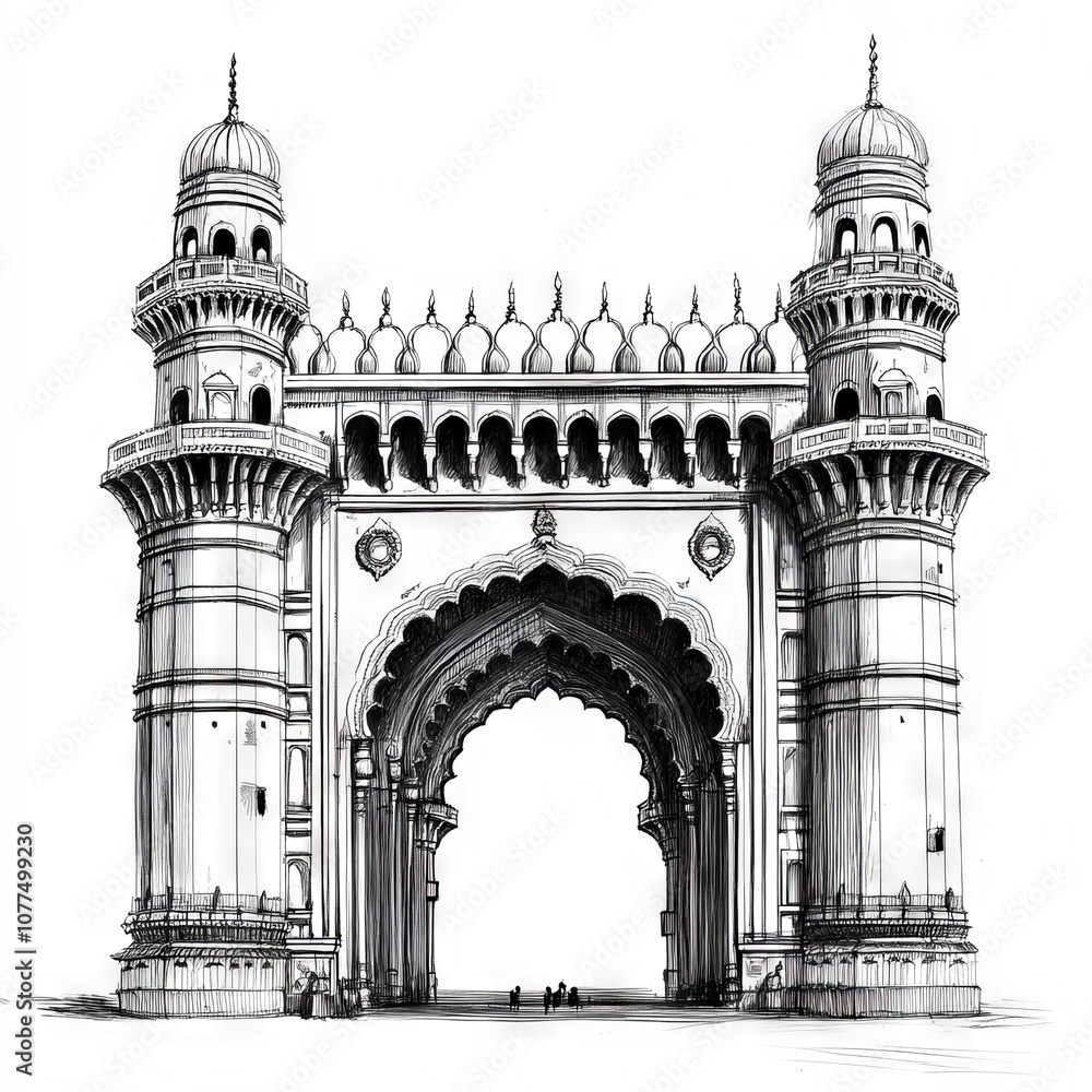 Obraz premium Hand drawn Hyderabad charminar on white background sketch 