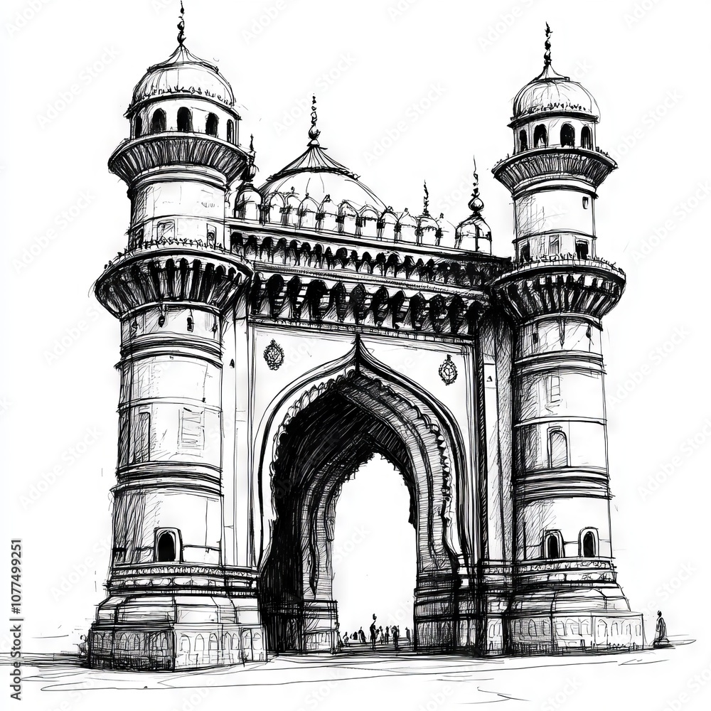 Obraz premium Hand drawn Hyderabad charminar on white background sketch 
