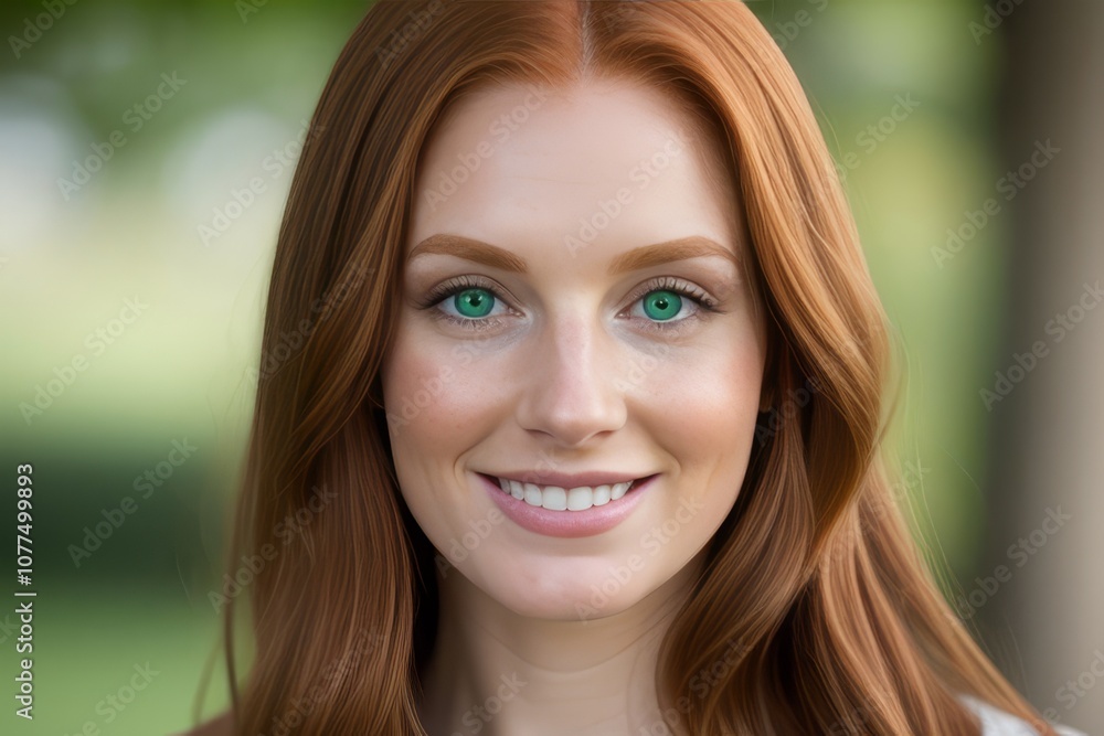 portrait young woman redhead smile looking at camera, park with tree on background portrait young woman redhead smile looking at camera, park with tree on background