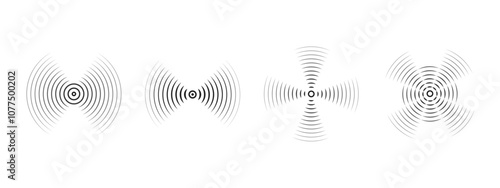 Set of black rings with sound waves, interrupted lines and dots. Sonar rings with radial lines. Radar icon, target, epicenter. Vector concentric vortex circles.