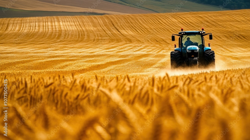 Obraz premium Tractor Driving Through a Field of Golden Wheat