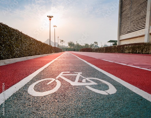 The bicycle path at Kasetsart University, surrounded by a shady and natural green atmosphere. photo