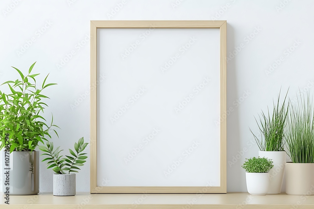 A minimalistic display featuring a blank frame and various potted plants. A minimalistic display featuring a blank frame and various potted plants.