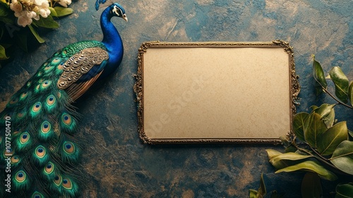 Indian wedding invitation on a table with peacock design 