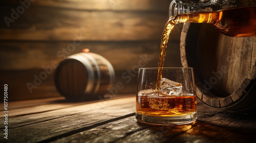 A bottle of whiskey is being poured into a glass, with a wooden barrel in the background. There is room for text.