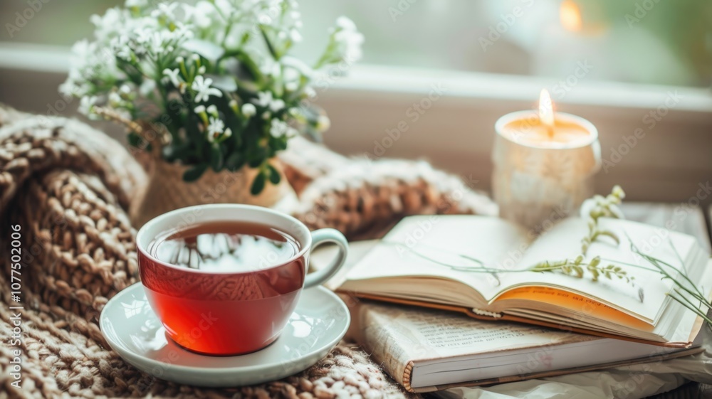 Cozy autumn afternoon with tea, open book, candle, and flowers Cozy autumn afternoon with tea, open book, candle, and flowers