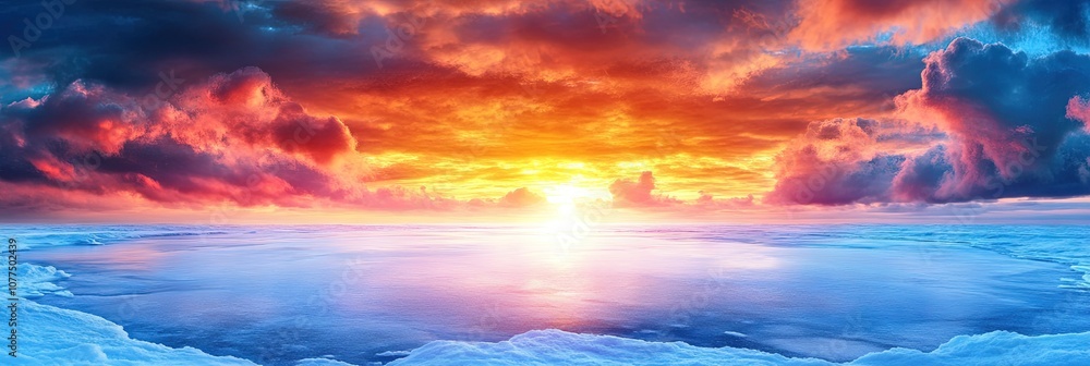 Fototapeta premium winter snow covered landscape with sunset, frozen river, clouds, winter solstice