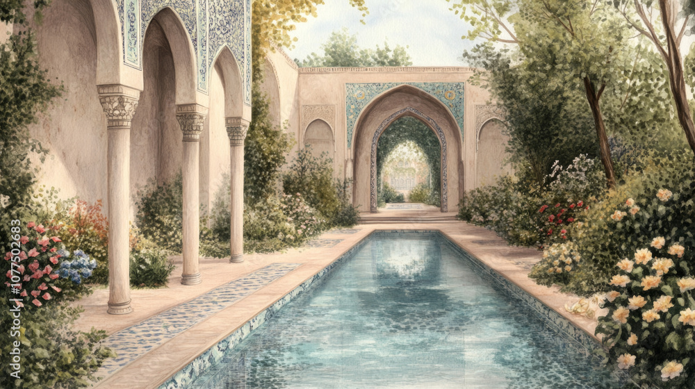 Tranquil courtyard with reflective pool and ornate archways Tranquil courtyard with reflective pool and ornate archways