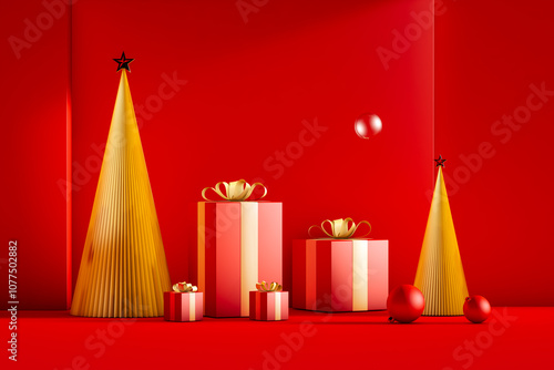 Festive holiday display featuring gold trees and red gifts photo