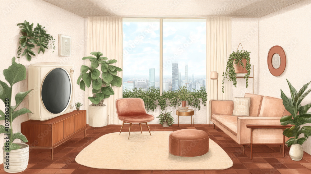 Fototapeta premium Cozy retro living room with city view and abundant greenery