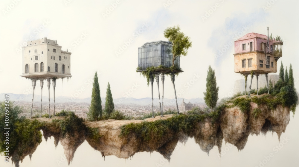 Obraz premium Futuristic homes on elevated platforms overlooking a vast cityscape