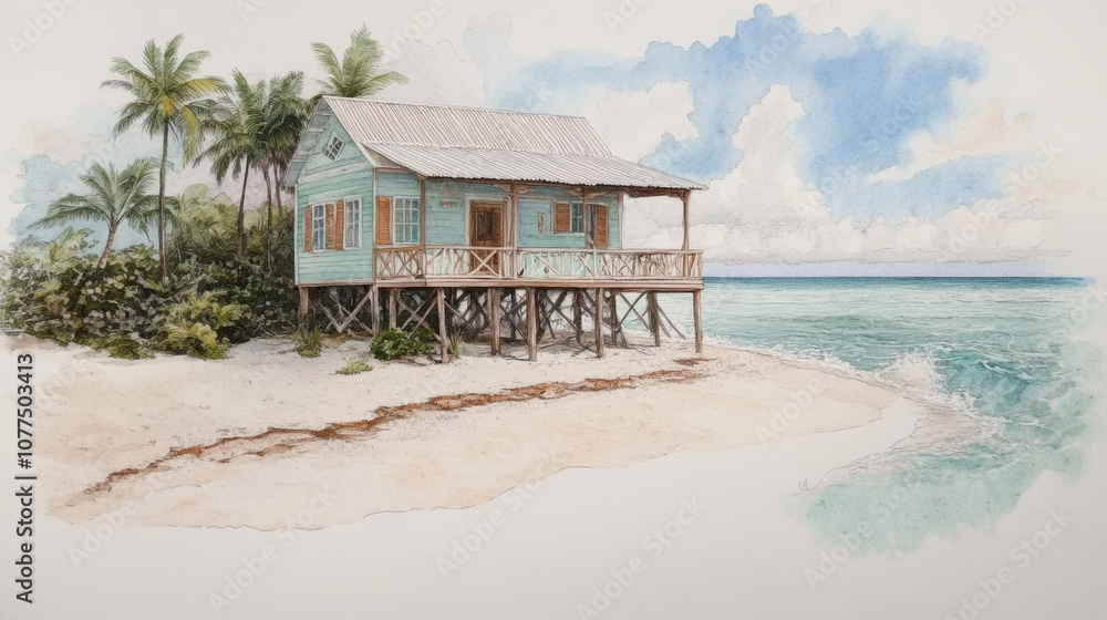 Charming beachfront bungalow with palm trees and ocean waves in serene tropical setting Charming beachfront bungalow with palm trees and ocean waves in serene tropical setting